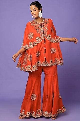 rust orange dupion silk & organza embroidered cape set