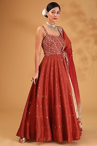 rust orange dupion silk sequins embroidered anarkali set