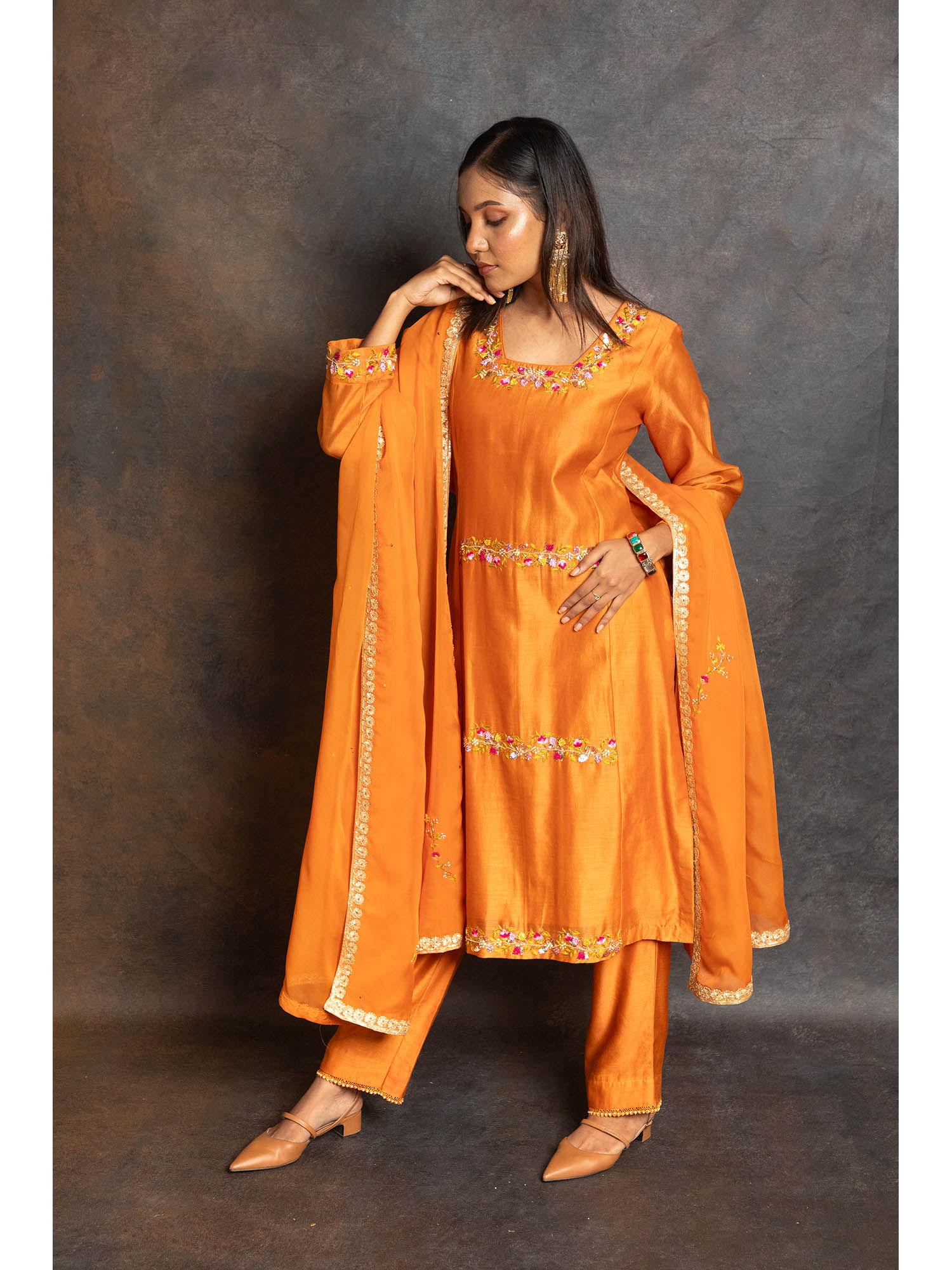 rust orange embellished kurta with pant and dupatta (set of 3)