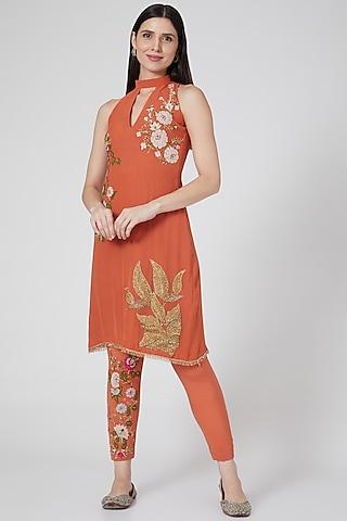 rust orange embroidered kurta set
