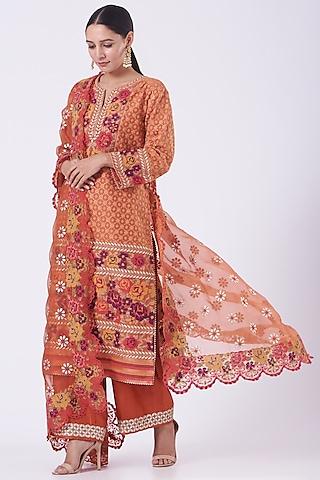 rust orange embroidered straight kurta set