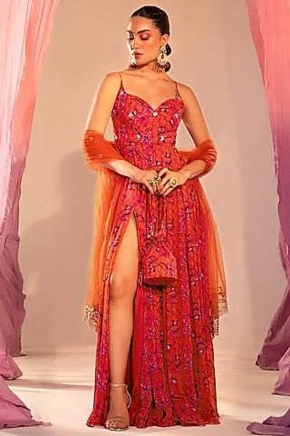 rust orange georgette printed anarkali set