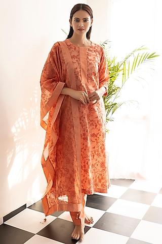 rust orange green chanderi silk printed a-line kurta set