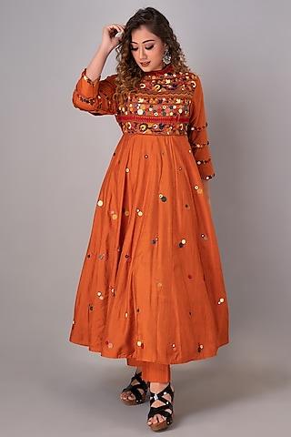 rust orange hand embroidered anarkali set