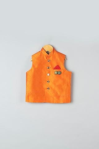 rust orange hand embroidered bundi jacket for boys