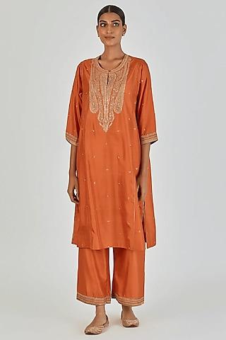 rust orange handwoven silk marodi embroidered kurta set