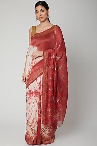 rust orange linen silk tie-dye printed saree set