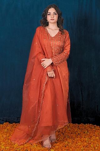 rust orange milan taffeta silk gota embroidered kurta set