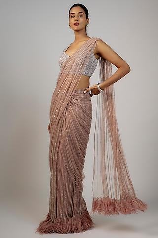 rust orange net & viscose embellished saree set