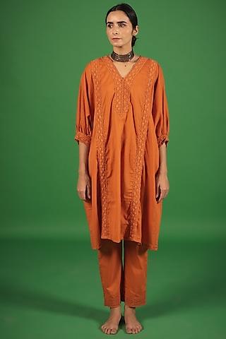 rust orange organic cotton crochet lace kaftan kurta set