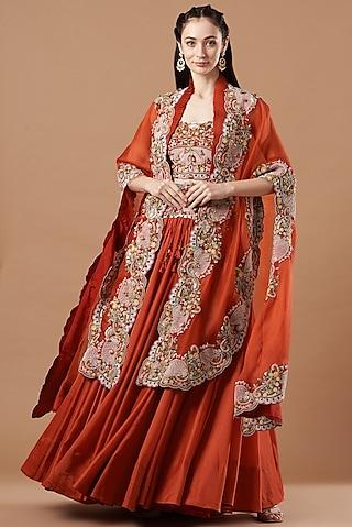 rust orange organza embroidered cape set