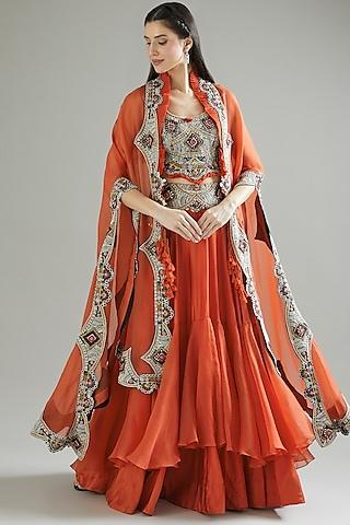 rust orange organza lehenga set with cape