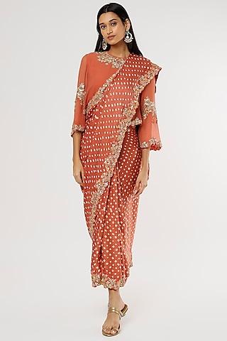 rust orange printed & embroidered pre-stitched draped saree set