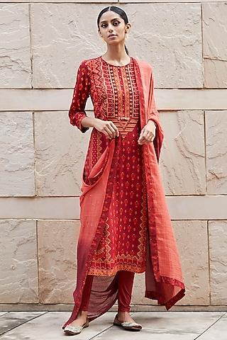 rust orange printed kurta set