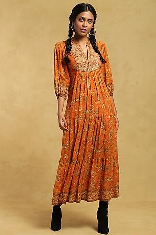 rust orange printed tiered maxi dress