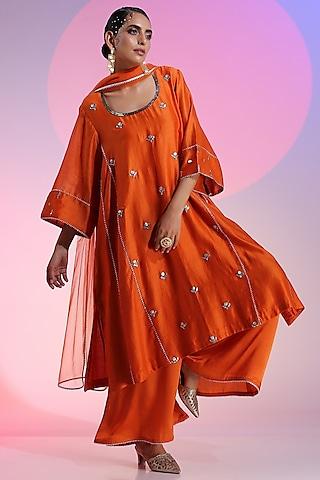 rust orange pure chanderi embroidered kurta set