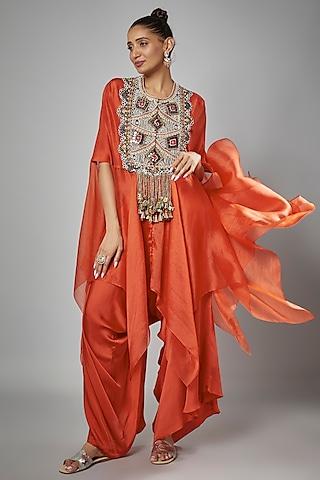 rust orange silk & organza embroidered cape set