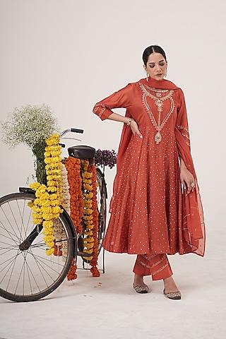 rust orange silk chanderi hand embroidered anarkali set