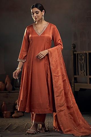 rust orange silk chanderi pitta embroidered kalidar kurta set