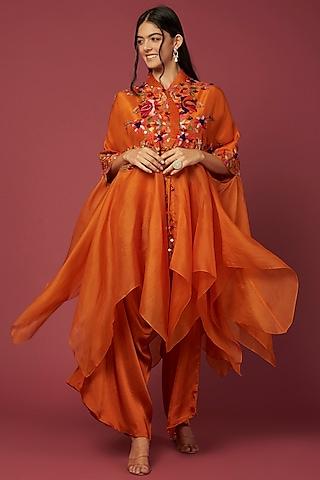 rust orange silk embroidered cape set