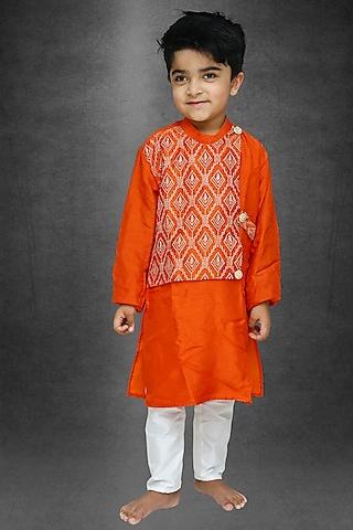 rust orange silk kurta set for boys