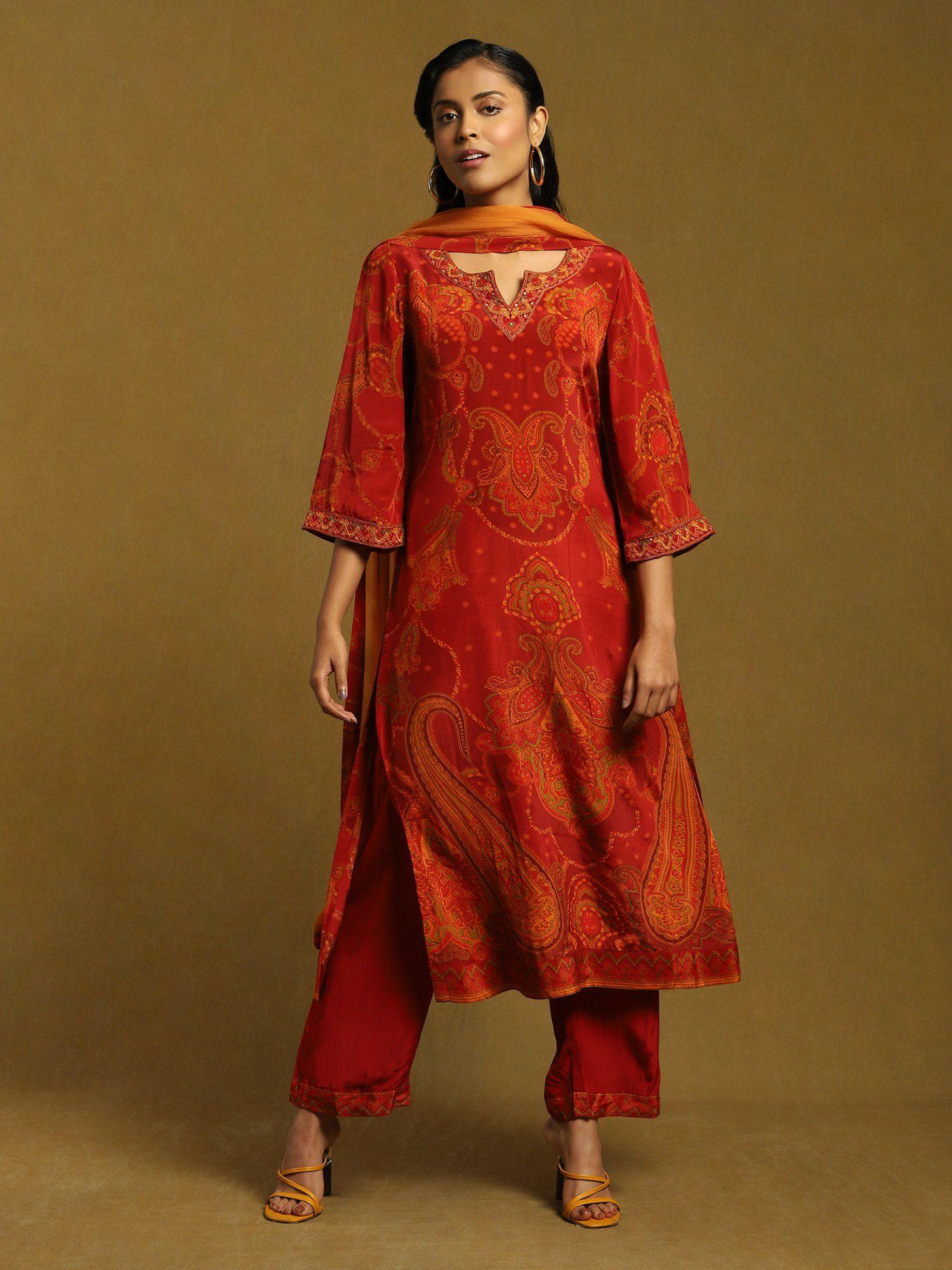 rust paisley print kurta with pants and dupatta (set of 3)