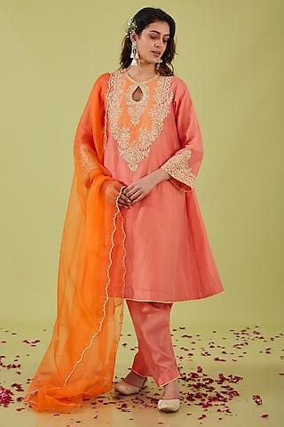 rust-pink chanderi sequins embroidered short kalidar kurta set