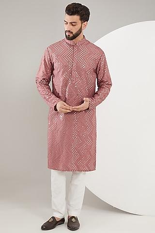 rust pink silk thread work kurta set