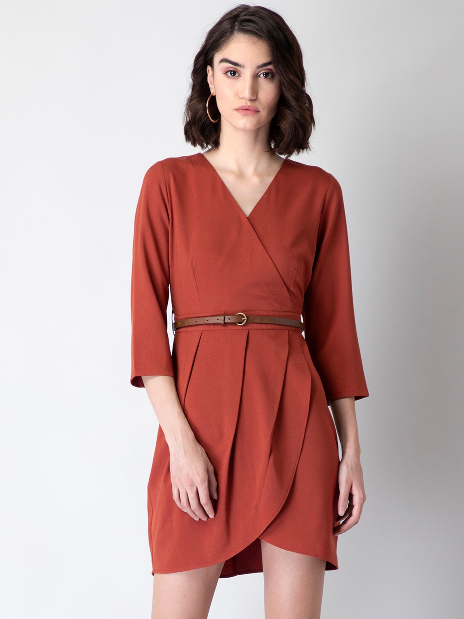 rust pleated wrap dress with tan belt