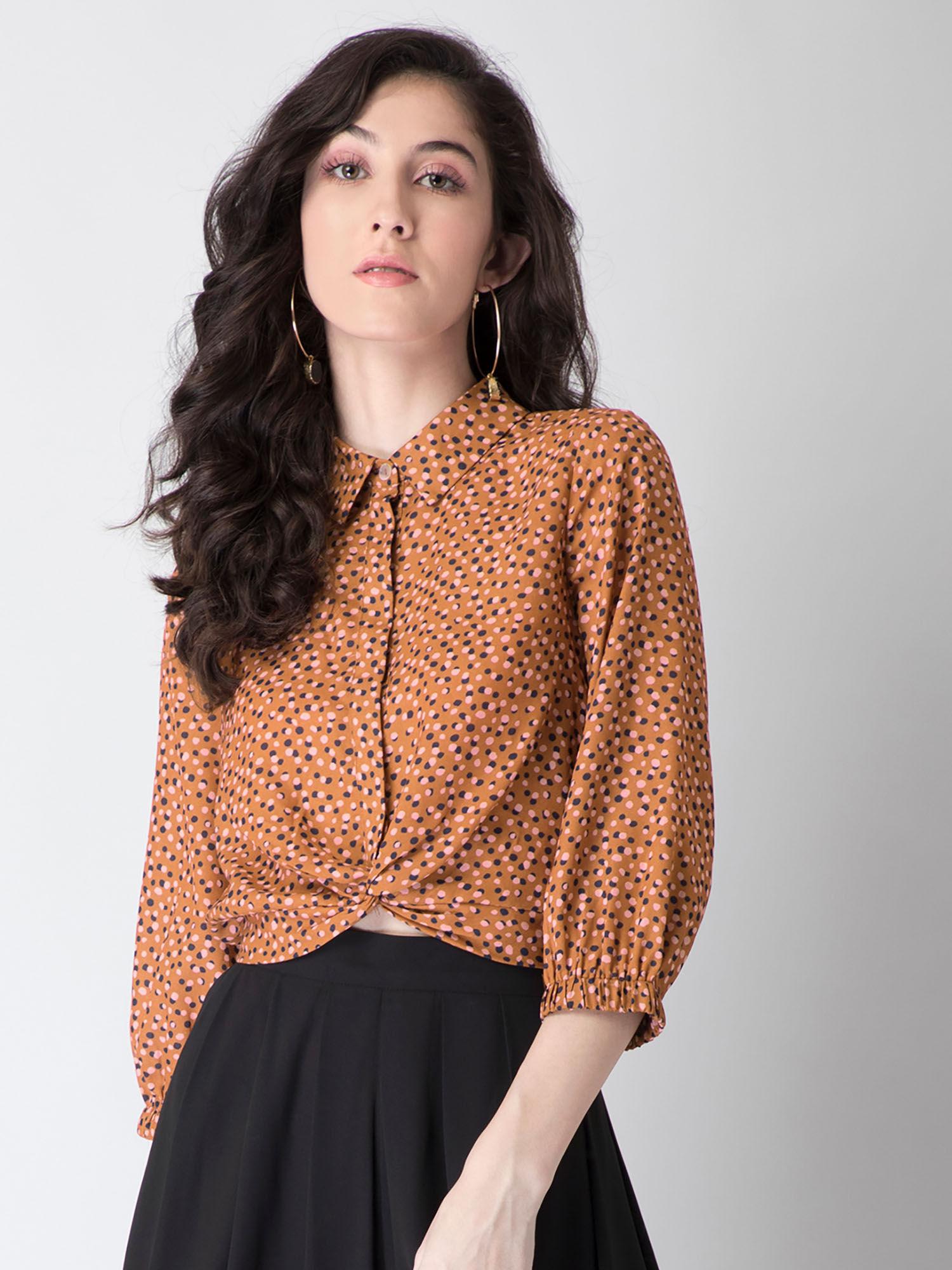 rust polka collared front knot crop shirt