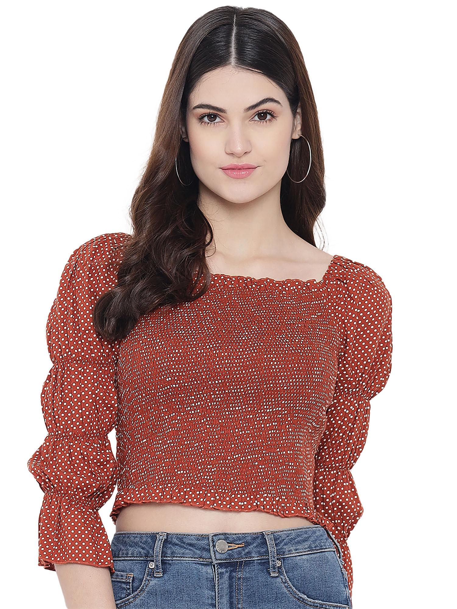 rust polka dot smocking sleeve top