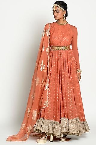 rust polka embellished anarkali set