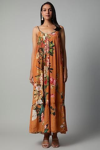 rust polyester crepe botanical printed maxi dress