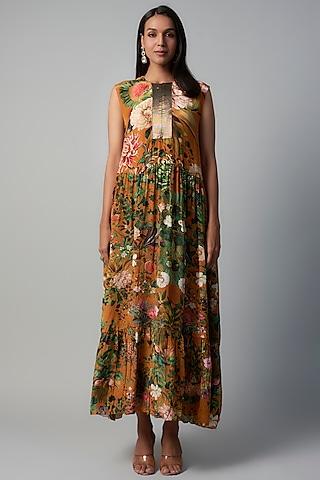 rust polyester crepe botanical printed midi dress