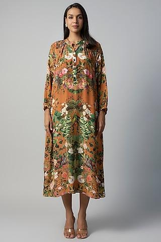 rust polyester crepe botanical printed midi dress