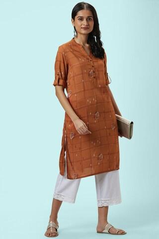 rust print casual mandarin 3/4th sleeves calf-length women regular fit kurta