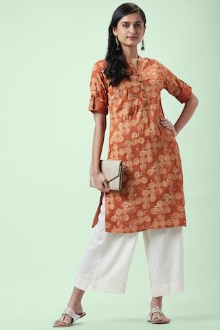 rust print casual mandarin 3/4th sleeves knee length women regular fit kurta