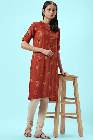 rust print casual mandarin 3/4th sleeves knee length women regular fit kurta