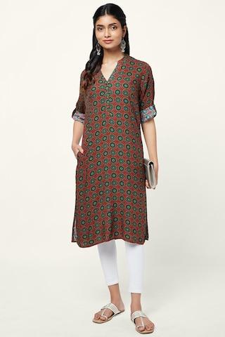 rust print casual mandarin 3/4th sleeves knee length women regular fit kurta