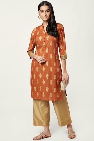 rust print ethnic mandarin 3/4th sleeves knee length women regular fit kurta