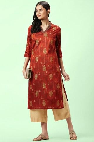 rust print ethnic v neck 3/4th sleeves calf-length women regular fit kurta