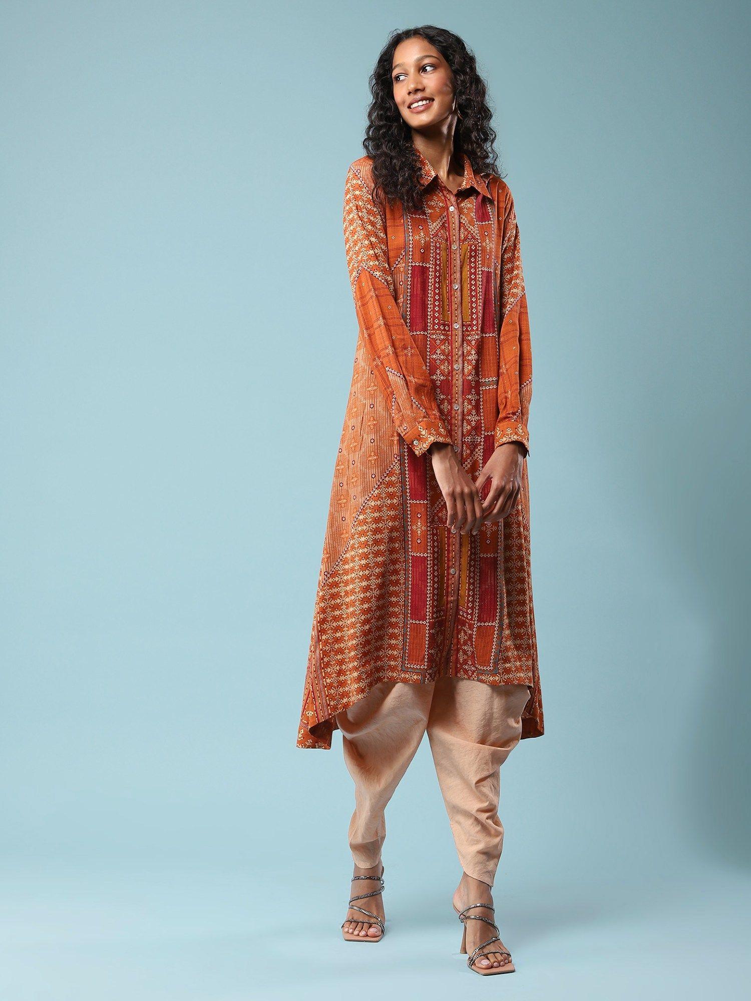 rust printed asymmetric kurta