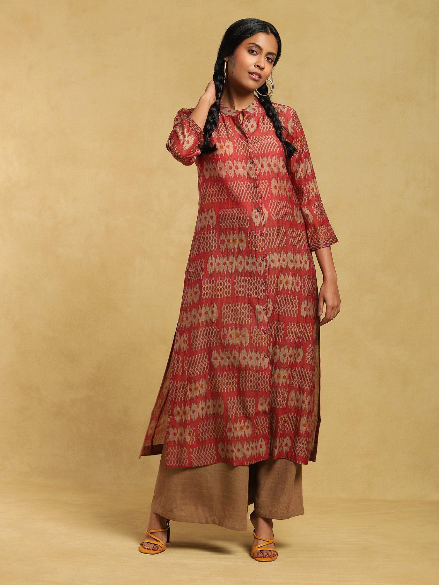 rust printed button-down kurta