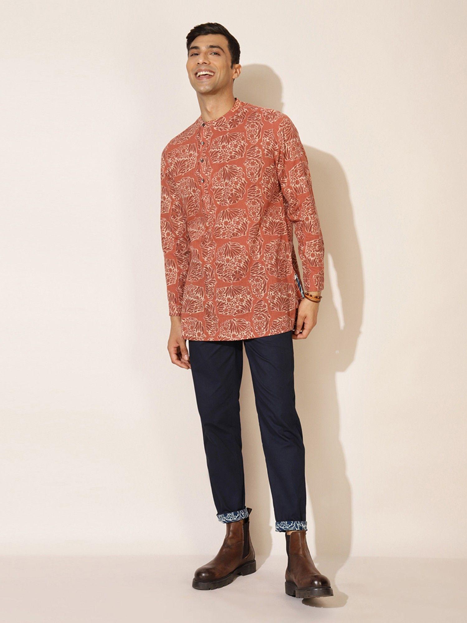 rust printed chinese collar slim fit short kurta