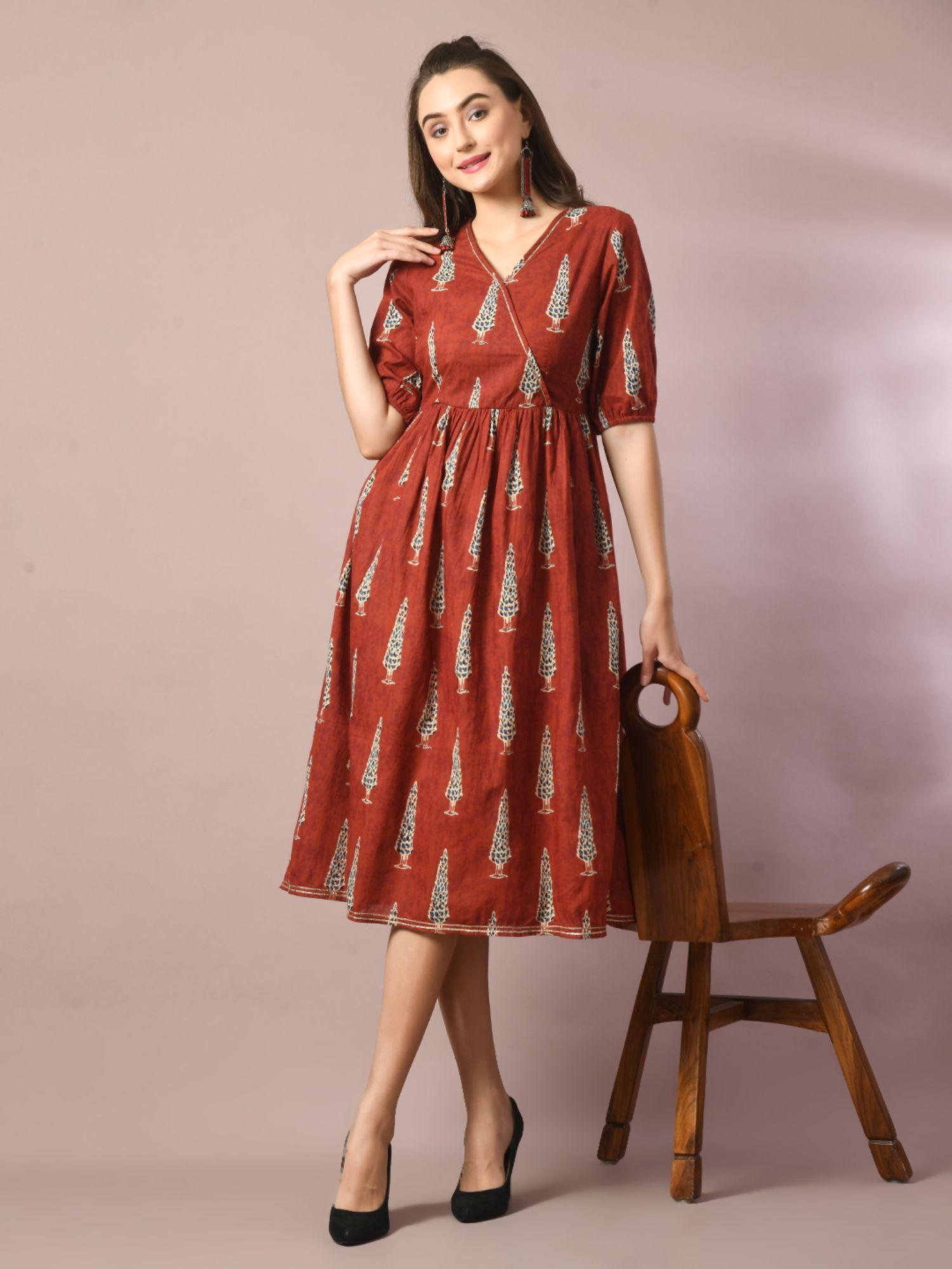 rust printed cotton v-neck empire party dress