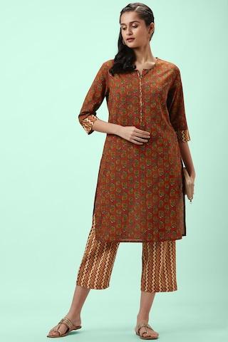 rust printed ethnic round neck 3/4th sleeves calf-length women regular fit kurta pant set