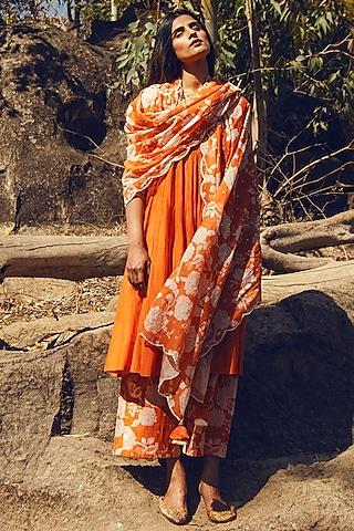 rust printed flared anarkali set