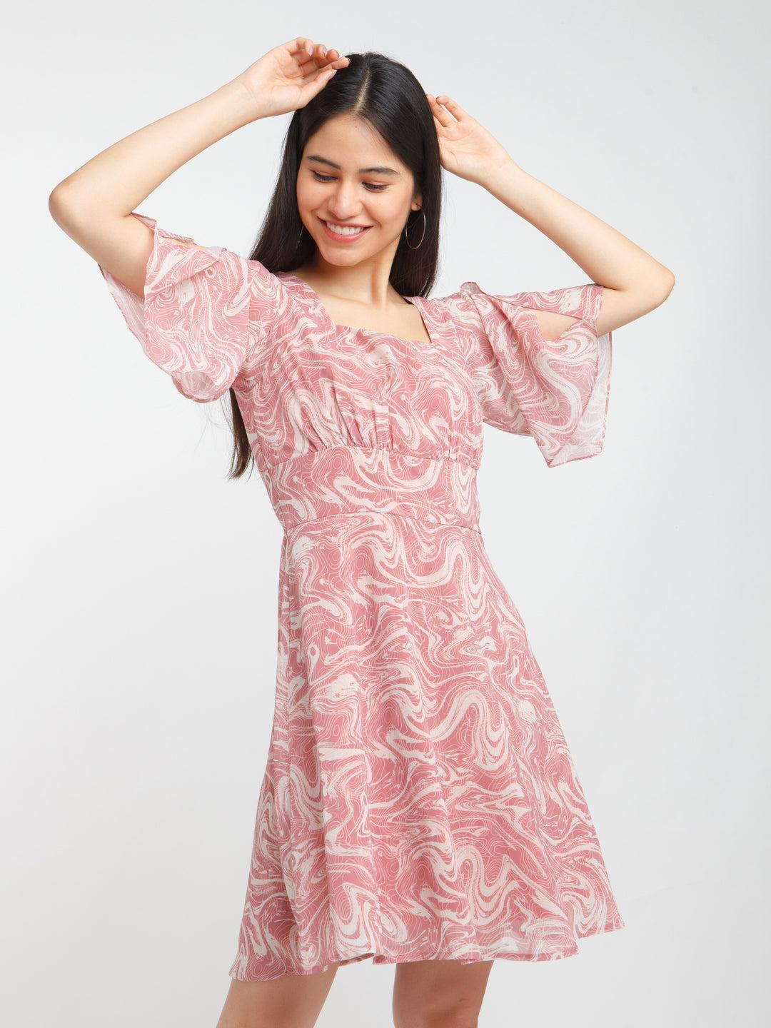 rust printed flared sleeve short dress for women