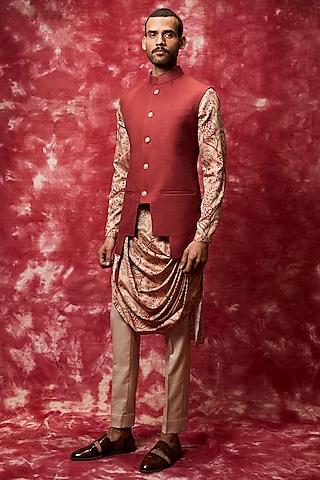 rust printed kurta set with bundi jacket