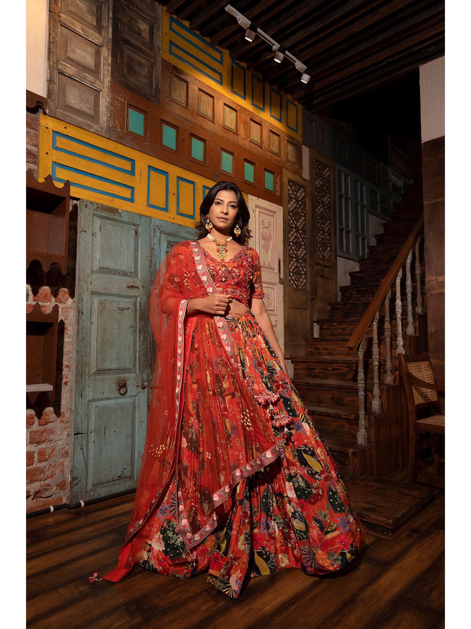 rust printed lehenga with blouse and dupatta (set of 3)